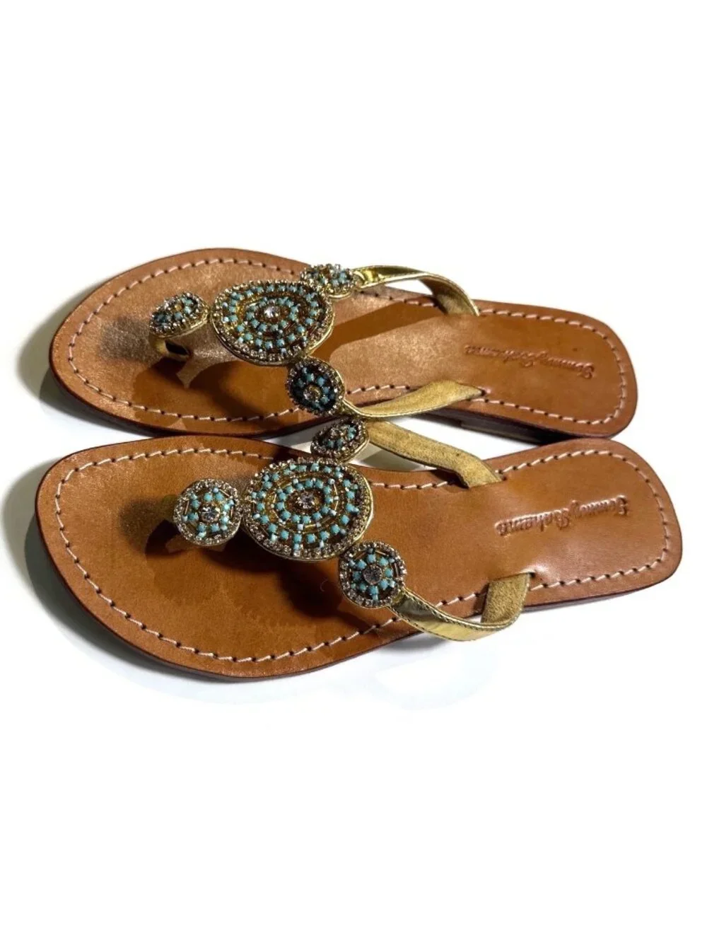 Tommy Bahama Womens Size 7 Gold Leather Sandals With Turquoise Rhinestone Accent